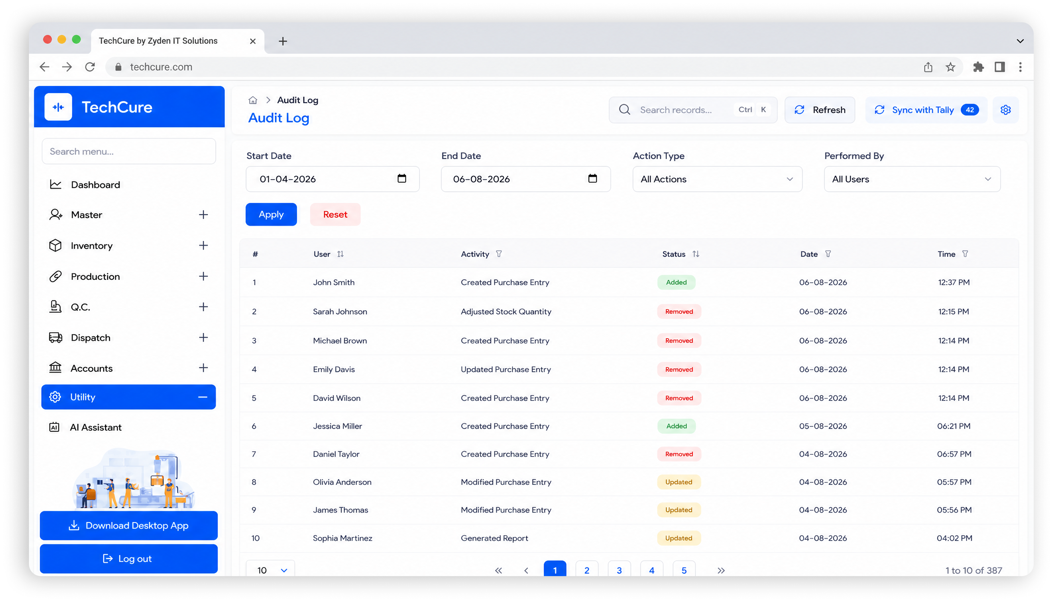 TechCure ERP — audit log listing each user, activity, status and date