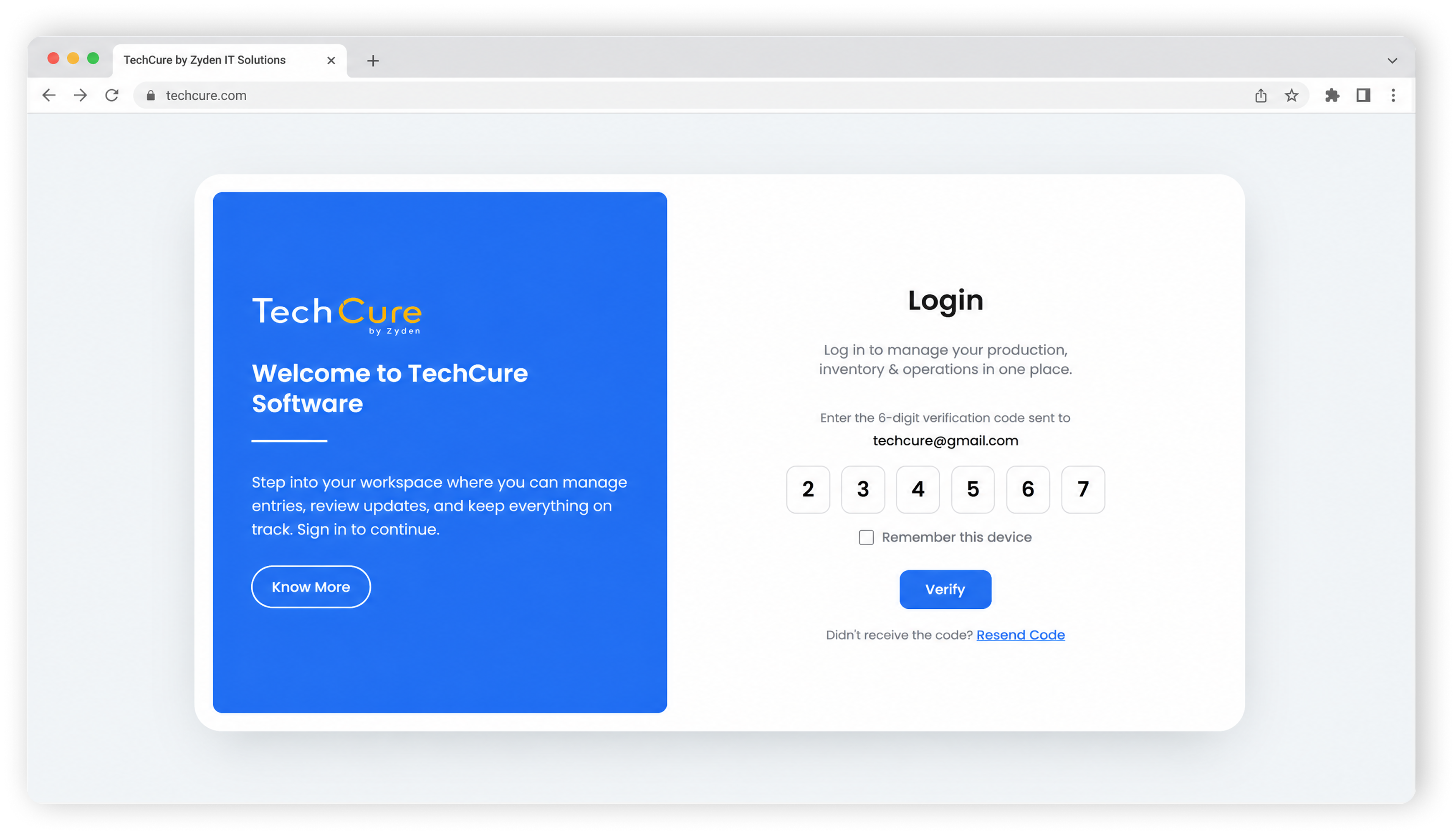 TechCure ERP — sign-in screen