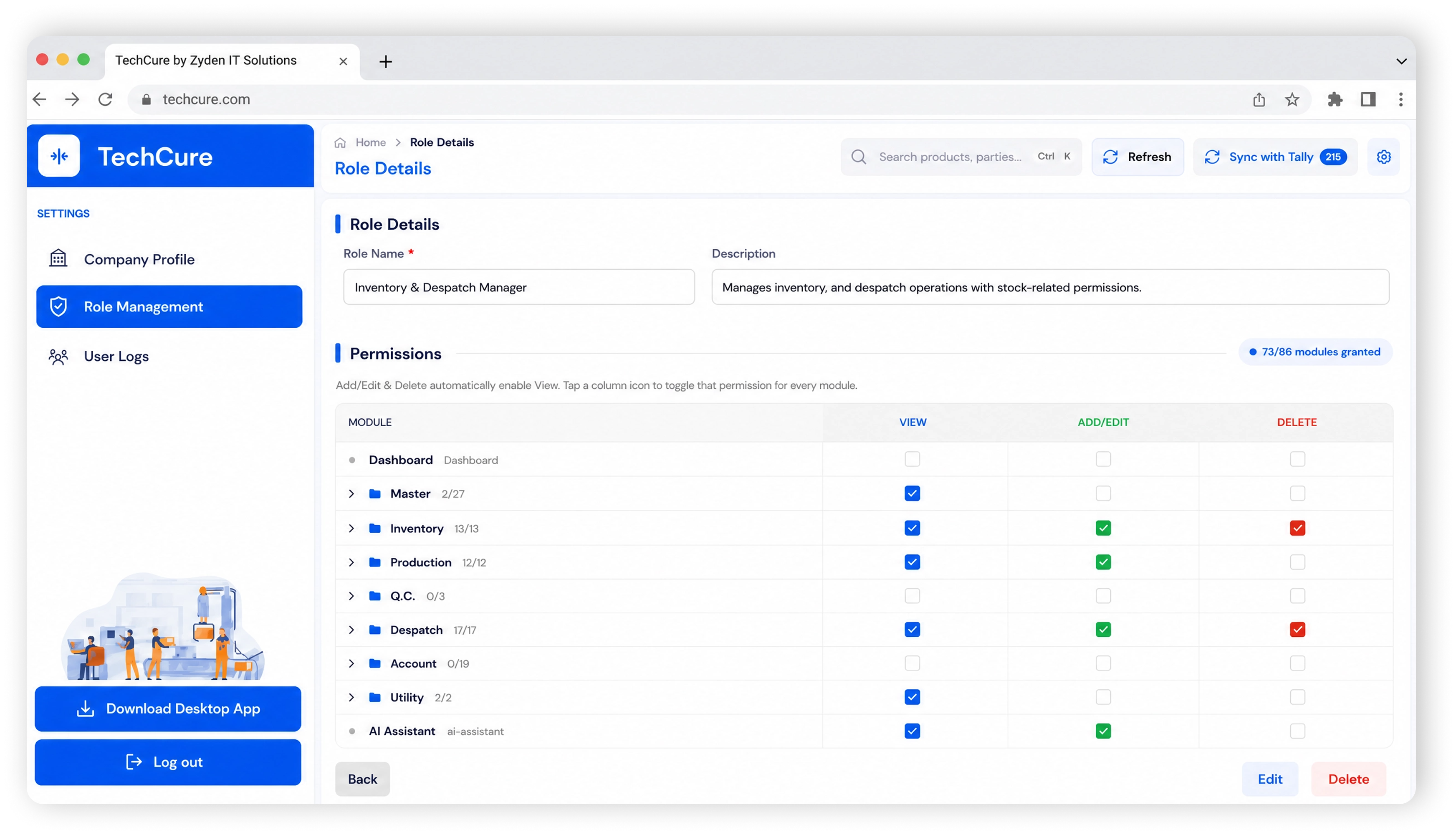 TechCure ERP — role permissions screen, with view, add/edit and delete set per module